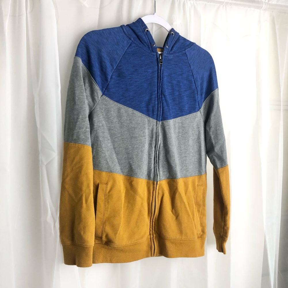 Cat & Jack Kids XL Color block Blue, gray, mustard yellow hooded sweatshirt - Picture 2 of 7